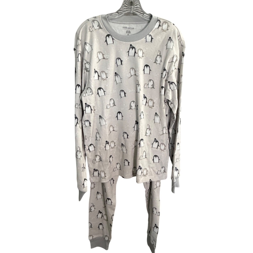 Pottery Barn Penguin Organic Cotton Pajama Set L‎ Gray Sleep Lounge Night Comfy